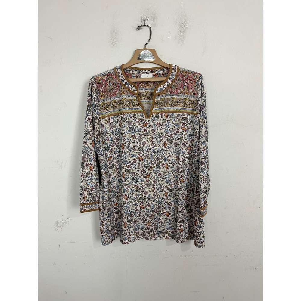 J. Jill Floral Split Neck Tunic Top Large Multi Color Cotton Tencel Blend Knit